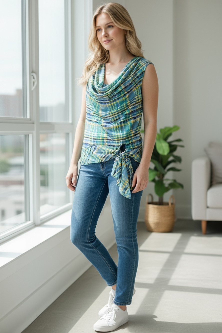 RAMY BROOK Top NEW Size XS Tank Top Blue Print $345 Plaid Like Geometric